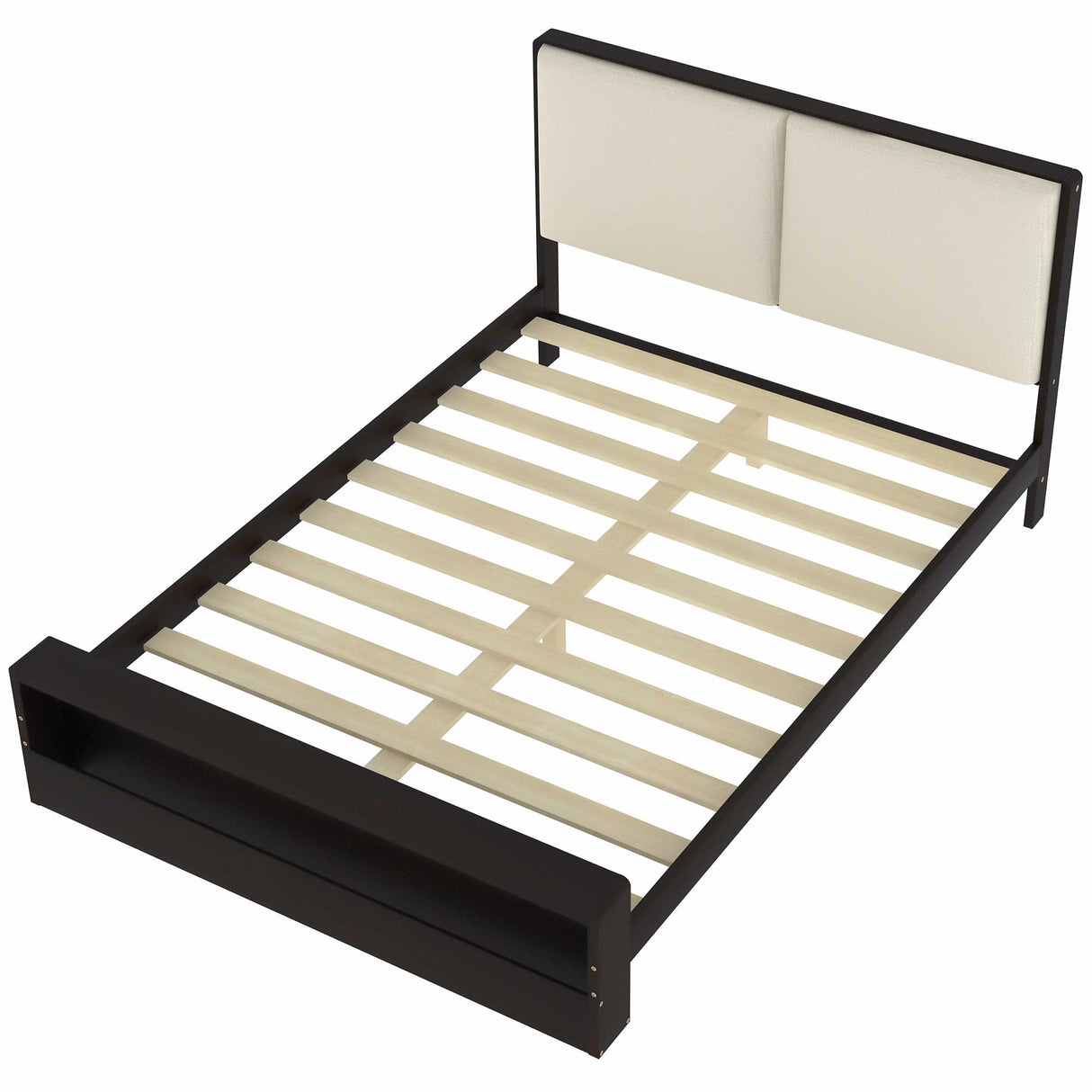 Queen Size Platform Bed Frame with Upholstery Headboard and Bookshelf in Footboard and LED Light Strips, Espresso - V.I.P Digital Presence