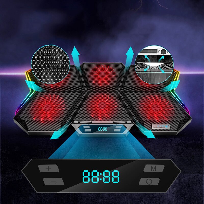 Enfriador de computadora portátil para juegos, seis ventiladores, dos puertos USB, iluminación LED RGB, soporte para computadora portátil de 12 a 17 pulgadas 
