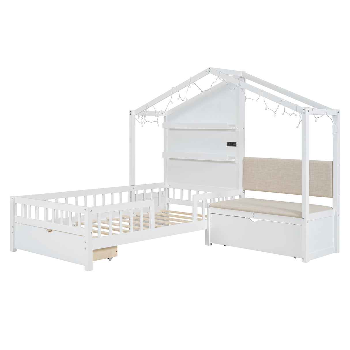 Twin Size House Bed with Upholstered Sofa, House Bed with Charging Station, Wireless Charging, Shelves and Two Drawers, White - V.I.P Digital Presence