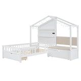 Twin Size House Bed with Upholstered Sofa, House Bed with Charging Station, Wireless Charging, Shelves and Two Drawers, White - V.I.P Digital Presence