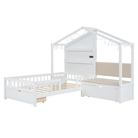 Twin Size House Bed with Upholstered Sofa, House Bed with Charging Station, Wireless Charging, Shelves and Two Drawers, White - V.I.P Digital Presence