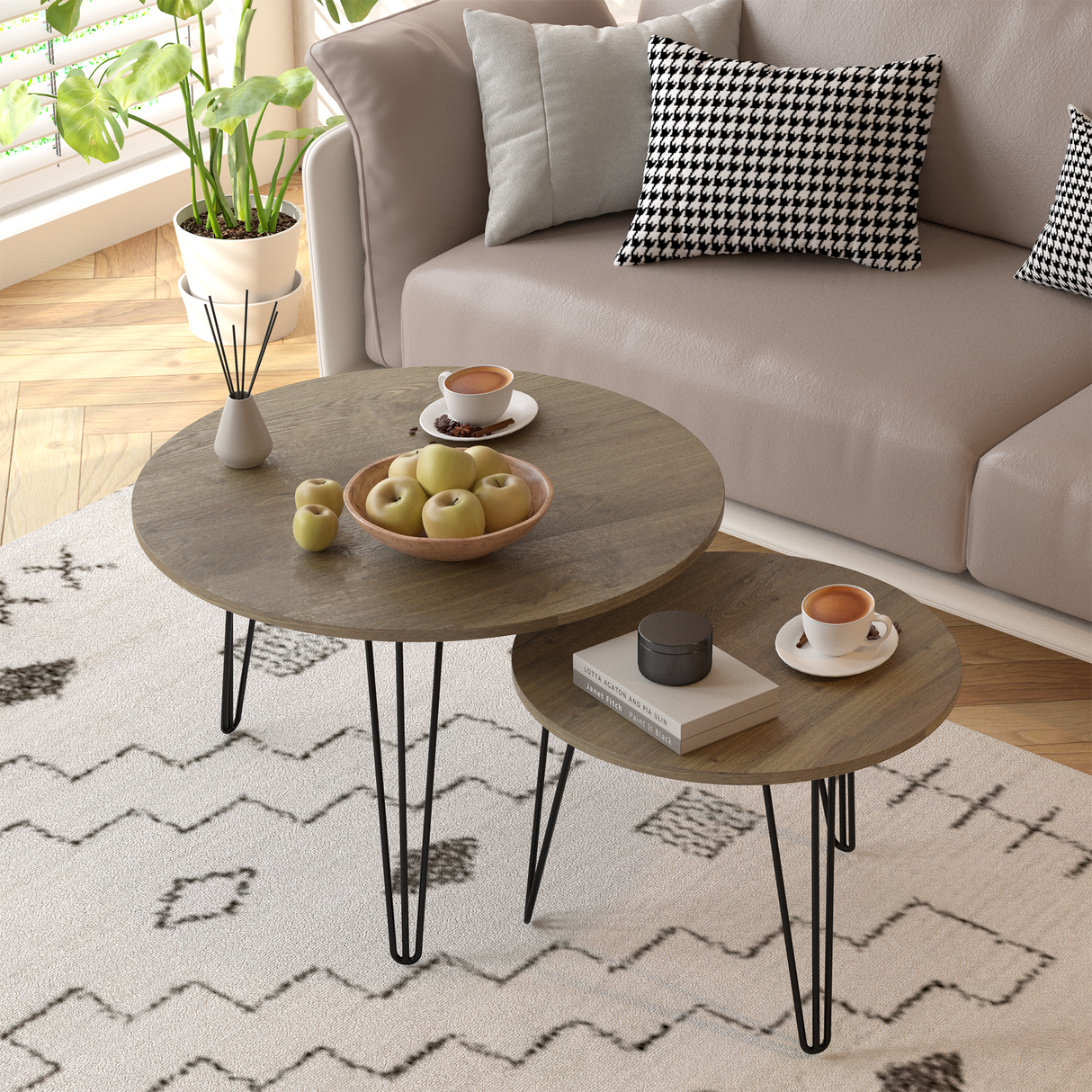 27.56'' Round Nesting Coffee Table Set of 2, Circular Nesting End Table Set  Sturdy Metal Base for Living Room, bedroom, Brown - V.I.P Digital Presence