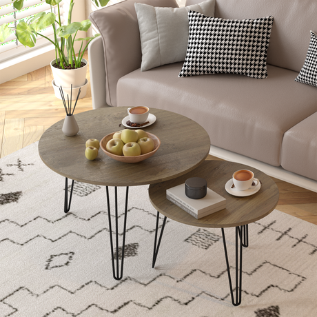 27.56'' Round Nesting Coffee Table Set of 2, Circular Nesting End Table Set  Sturdy Metal Base for Living Room, bedroom, Brown - V.I.P Digital Presence