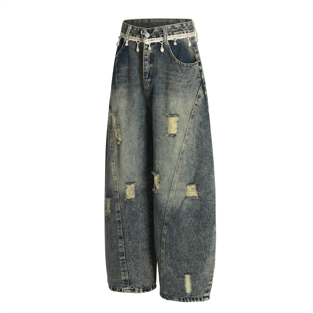 Punk Retro Washed Distressed Denim Wide-Leg Pants Men's Trendy Unique Design Loose Fit Flared Trousers - V.I.P Digital Presence