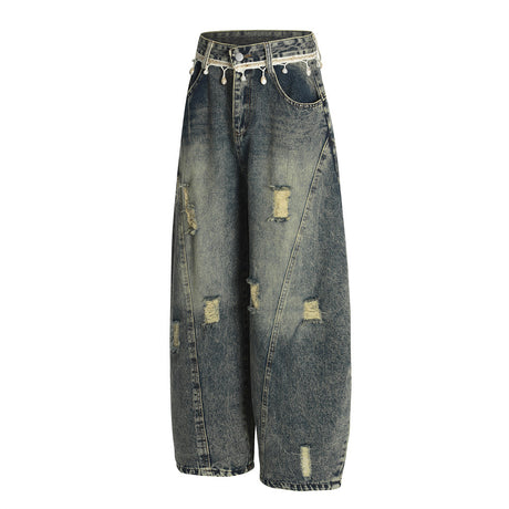 Punk Retro Washed Distressed Denim Wide-Leg Pants Men's Trendy Unique Design Loose Fit Flared Trousers - V.I.P Digital Presence