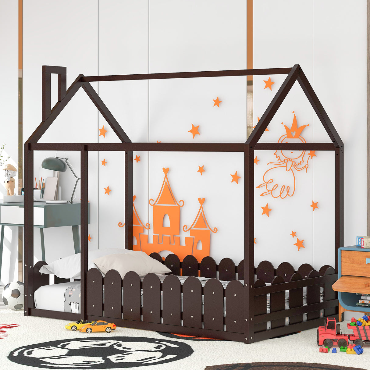 {Slats are not included}Twin Size Wood Bed House Bed Frame with Fence for KidsTeens Girls Boys