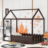{Slats are not included}Twin Size Wood Bed House Bed Frame with Fence for KidsTeens Girls Boys