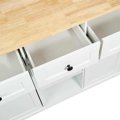 Kitchen trolley with rubber wood leaf countertop, 5-wheel kitchen island, storage cabinet and 3 dining drawers, white - V.I.P Digital Presence