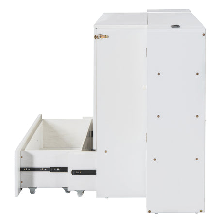 Large Murphy bed wall mounted bed with drawers, 2 storage cabinets, 1 set of sockets and USB ports, white - V.I.P Digital Presence