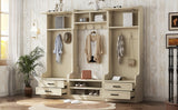 Four in one detachable hall tree with drawers and cabinets, 7 hooks, multifunctional corridor hangers, antique beige shoe stools - V.I.P Digital Presence