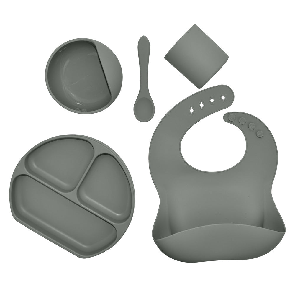 Juego de vajilla de silicona para niños, vajilla de alimentación complementaria para bebés, con bolsillo para saliva, ventosa, tazón, cuchara, plato de cena, babero, juego de 5 piezas