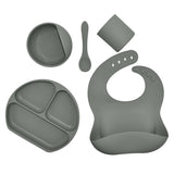 Juego de vajilla de silicona para niños, vajilla de alimentación complementaria para bebés, con bolsillo para saliva, ventosa, tazón, cuchara, plato de cena, babero, juego de 5 piezas