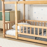Twin Size Floor Wooden Bed with House Roof Frame, Fence Guardrails - V.I.P Digital Presence