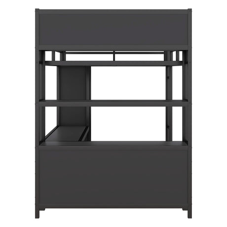 Metal loft bed with wardrobe and L-shaped desk, full-size loft bed with storage cabinet and shelf, heavy-duty loft bed, black - V.I.P Digital Presence
