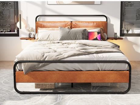 King Size Metal Bed Frame with Upholstered Headboard, with wireless charging and USB A & USB C, Touch LED light Vintage Brown - V.I.P Digital Presence