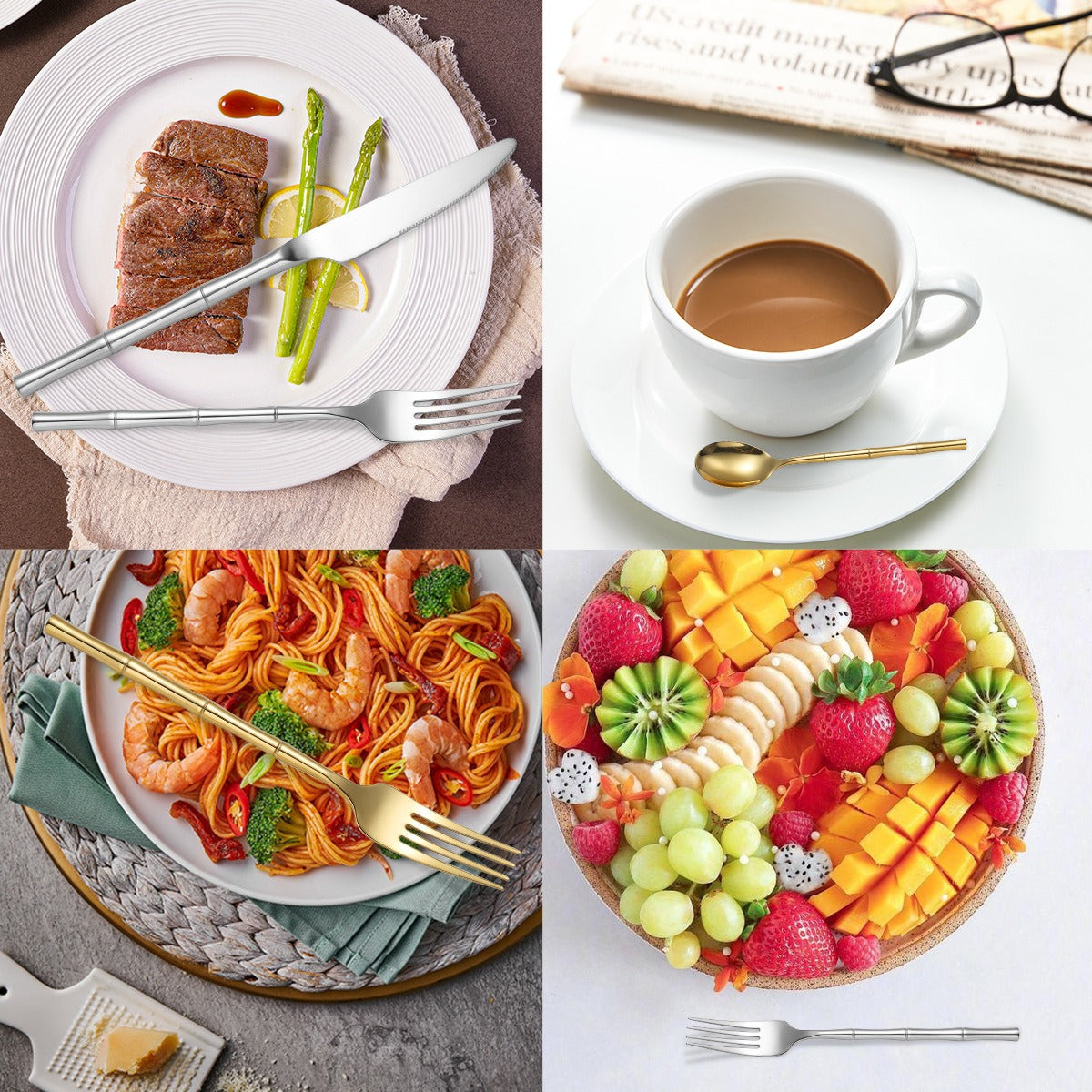 Thickened bamboo 304 stainless steel tableware knife, fork, and spoon set with titanium plated Western steak knife, fork, and spoon - V.I.P Digital Presence