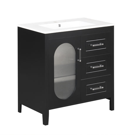 30" Bathroom Vanity with Sink, Bathroom Vanity Cabinet with Two Drawers and Door, Adjustable Shelf, Solid Wood and MDF, Black - V.I.P Digital Presence