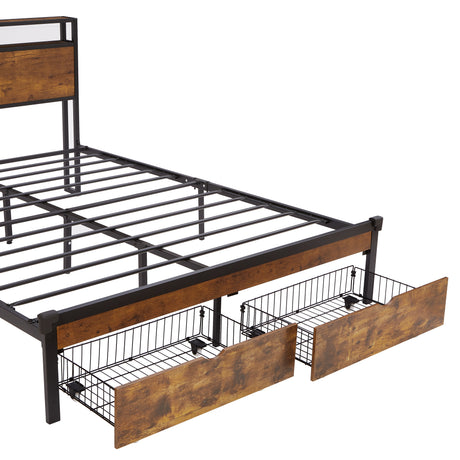 Large metal bed frame with wooden headboard and USB foot pedal, charging station, 2 drawers, LED lights, no need for box spring - V.I.P Digital Presence