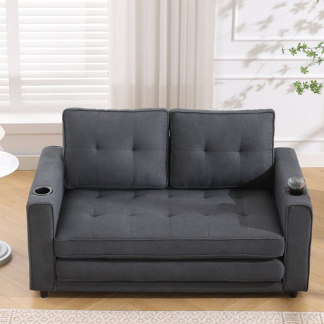 Three in one soft cushion cushion cushion sofa, folding mattress sofa bed, with side pockets and cup holder, dark gray - V.I.P Digital Presence