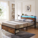 Large metal bed frame with wooden headboard and USB foot pedal, charging station, 2 drawers, LED lights, no need for box spring - V.I.P Digital Presence