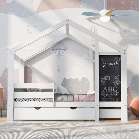 Full House Bed with Blackboard and Drawers Two assembly options White - V.I.P Digital Presence