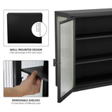 Retro Style Haze Double Glass Door Wall Cabinet With Detachable Shelves for Office Dining Room Living Room