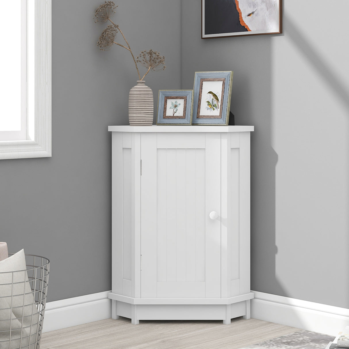 White Bathroom Cabinet Triangle Corner Storage Cabinet with Adjustable Shelf Modern Style MDF Board - V.I.P Digital Presence