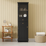 Tall Bathroom Storage Cabinet with Glass Doors, Free-Standing, Two Drawers, and Adjustable Shelves, MDF Board, Painted Black - V.I.P Digital Presence