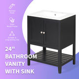 24" Black Modern Sleek Bathroom Vanity Elegant Ceramic Sink with Solid Wood Frame Open Style Shelf - V.I.P Digital Presence