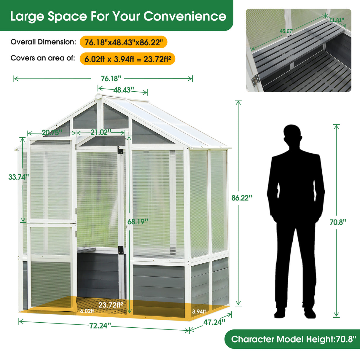 76''x48''x86'' Polycarbonate Greenhouse, Walk-in Outdoor Plant Gardening Greenhouse for Patio Backyard Lawn - V.I.P Digital Presence