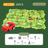 Montaje de bricolaje de un coche de pista de rompecabezas para niños con varios escenarios de construcción de mapas de la ciudad, coche de pista de rompecabezas eléctrico
