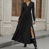 Lace V-neck Bow Print Long Sleeve Dress - V.I.P Digital Presence