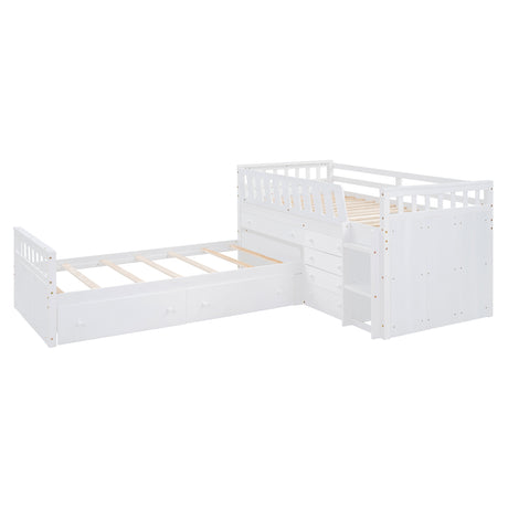 L-shaped Space-Saving Twin Loft and Twin Platform Bed with 7 Drawers and Full Guardrails(WHITE) - V.I.P Digital Presence