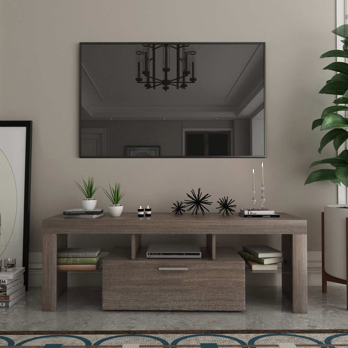 20 minutes quick assembly brown simple modern TV stand Brown TV bracket with LED Color Changing Lights for Living Room