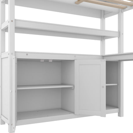 Wood Loft Bed with Cabinet and Bookshelf, Full Size Loft with Wardrobe and Desk for Kids,White - V.I.P Digital Presence