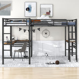 Twin Size Metal Loft Bed with Two Built-in Desks Black