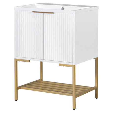 24" Bathroom Vanity with Sink, Bathroom Vanity Cabinet with Two Doors and Gold Metal Frame, Open Storage Shelf, White - V.I.P Digital Presence