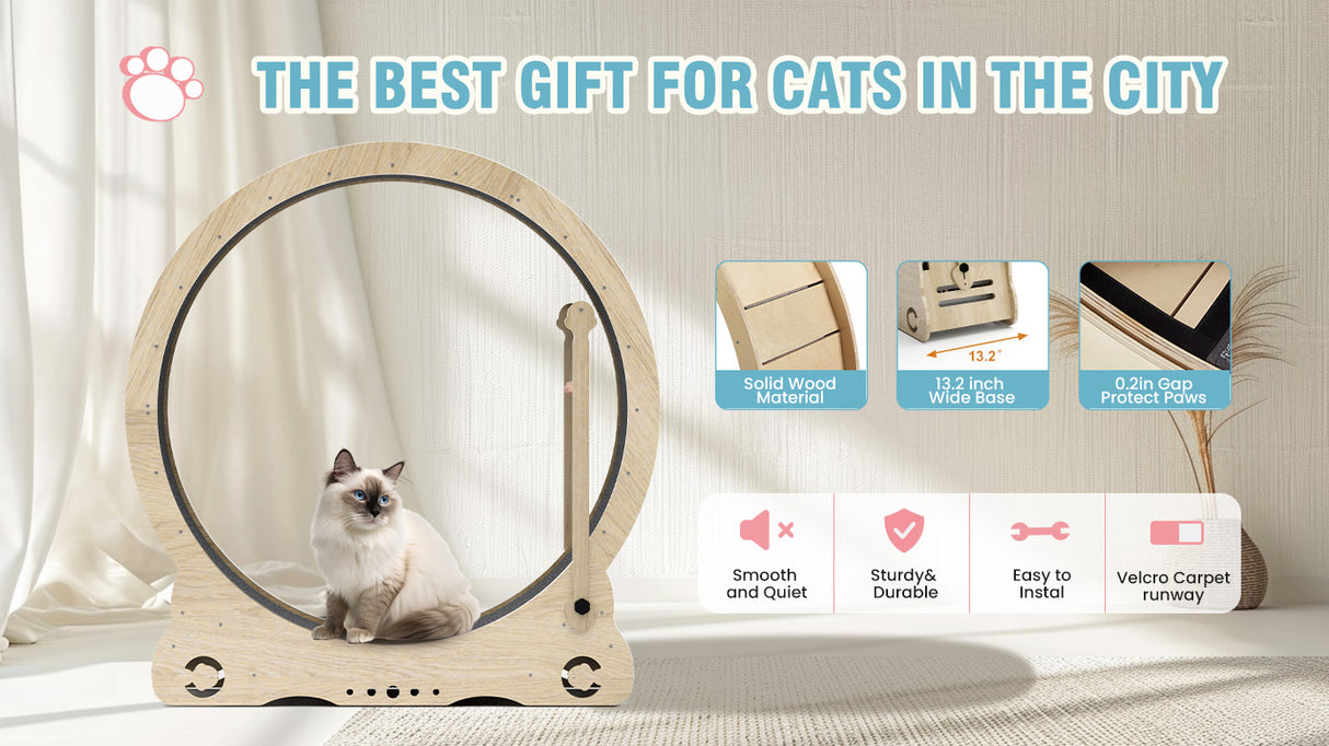 Indoor cat treadmill with carpet, tear device and latch natural wood, 39.4 inches long x 13.2 inches wide x 41.3 inches high - V.I.P Digital Presence