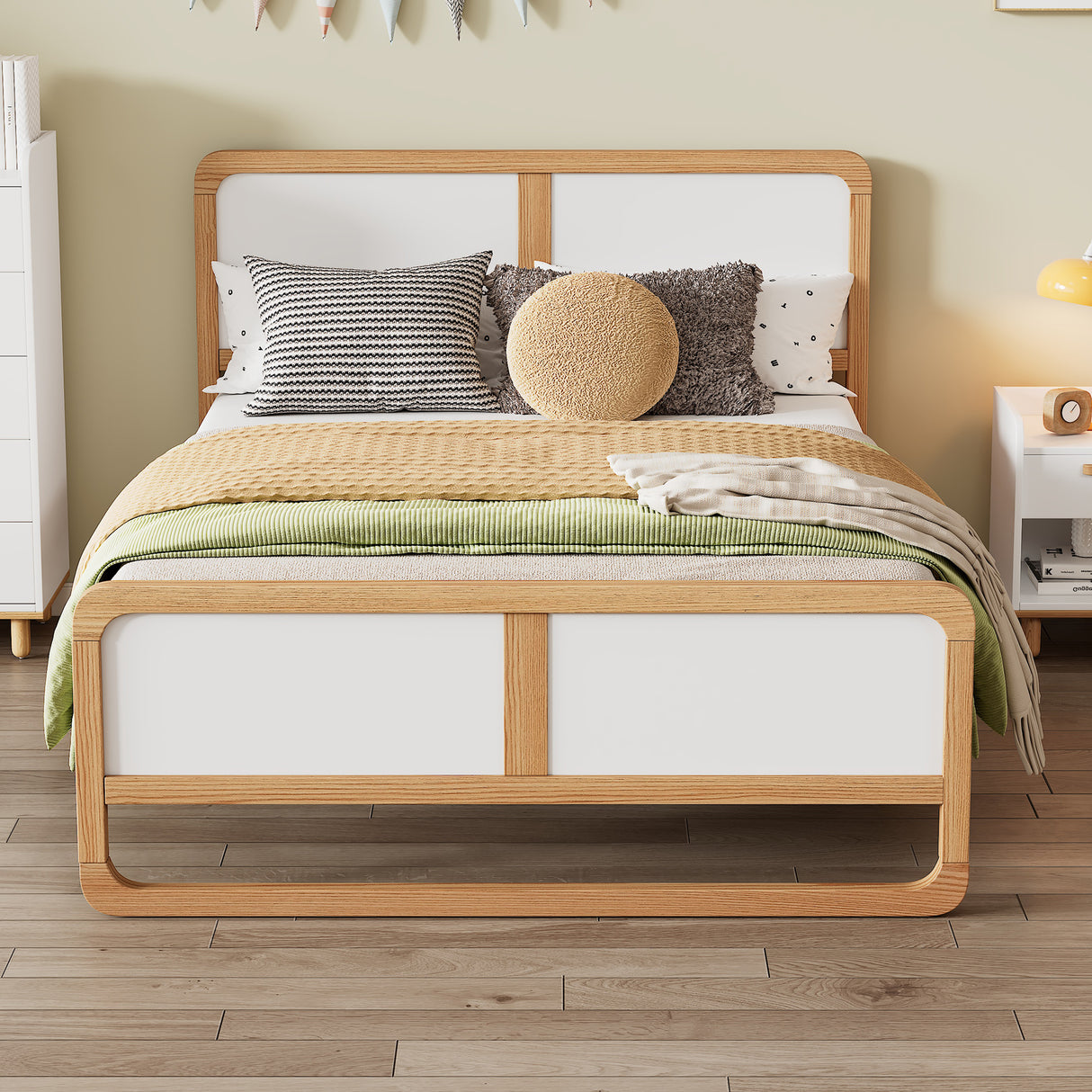 Modern Style Queen Size Solid Wood Platform Bed for Kids, Teens, Adults, No Need Box Spring, Walnut and White - V.I.P Digital Presence