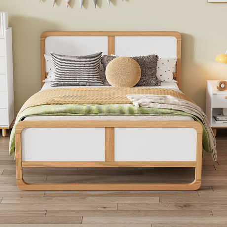 Modern Style Queen Size Solid Wood Platform Bed for Kids, Teens, Adults, No Need Box Spring, Walnut and White - V.I.P Digital Presence