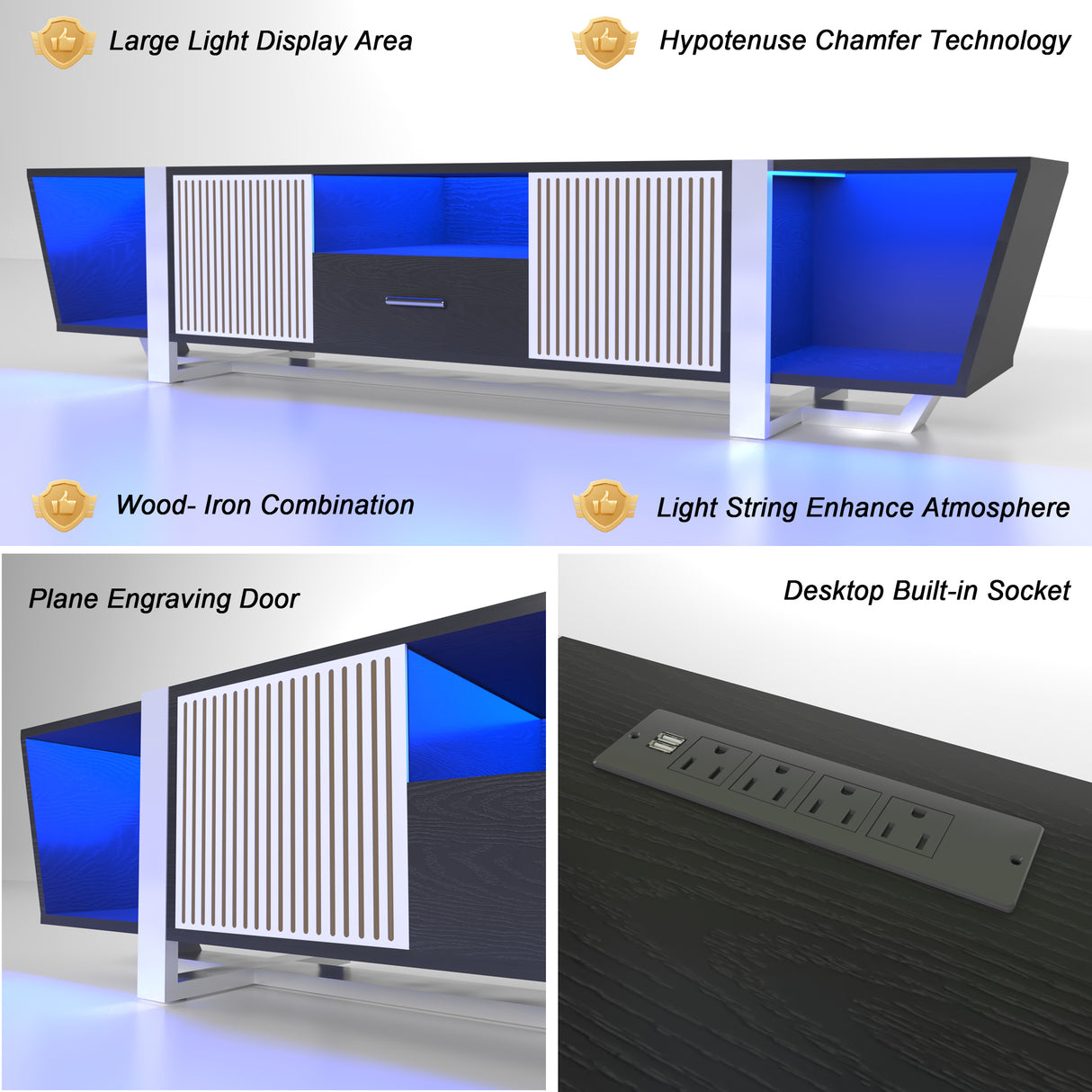 TV console with storage cabinet, dual flat LED TV stand with remote control, multi-mode light with power cord, black - V.I.P Digital Presence