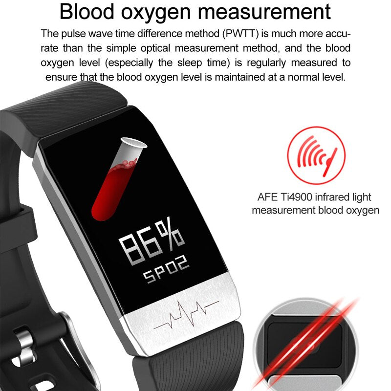 Reloj inteligente T1 con control de temperatura, inmunidad, ECG, frecuencia cardíaca, monitor de presión arterial, pronóstico del tiempo y recordatorio de bebidas. 