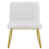 One White minimalist armless sofa chair with plush cushion and backrest paired with golden metal legs