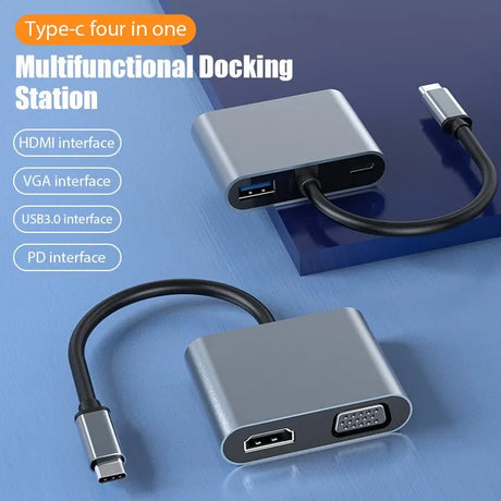 USB C Hub 4 in 1 Type C 3.0 Adapter to 4K HDMI VGA PD Fast Charge Splitter Docking Station Hub for Phone MacBook Laptop Computer - V.I.P Digital Presence