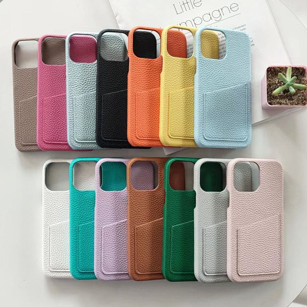 14Pro Plain Leather PU Card Slot Phone Case For iPhone13mini 11 12 Xsmax XR 78plus 6s  Half Cover Hard Body Protection - V.I.P Digital Presence