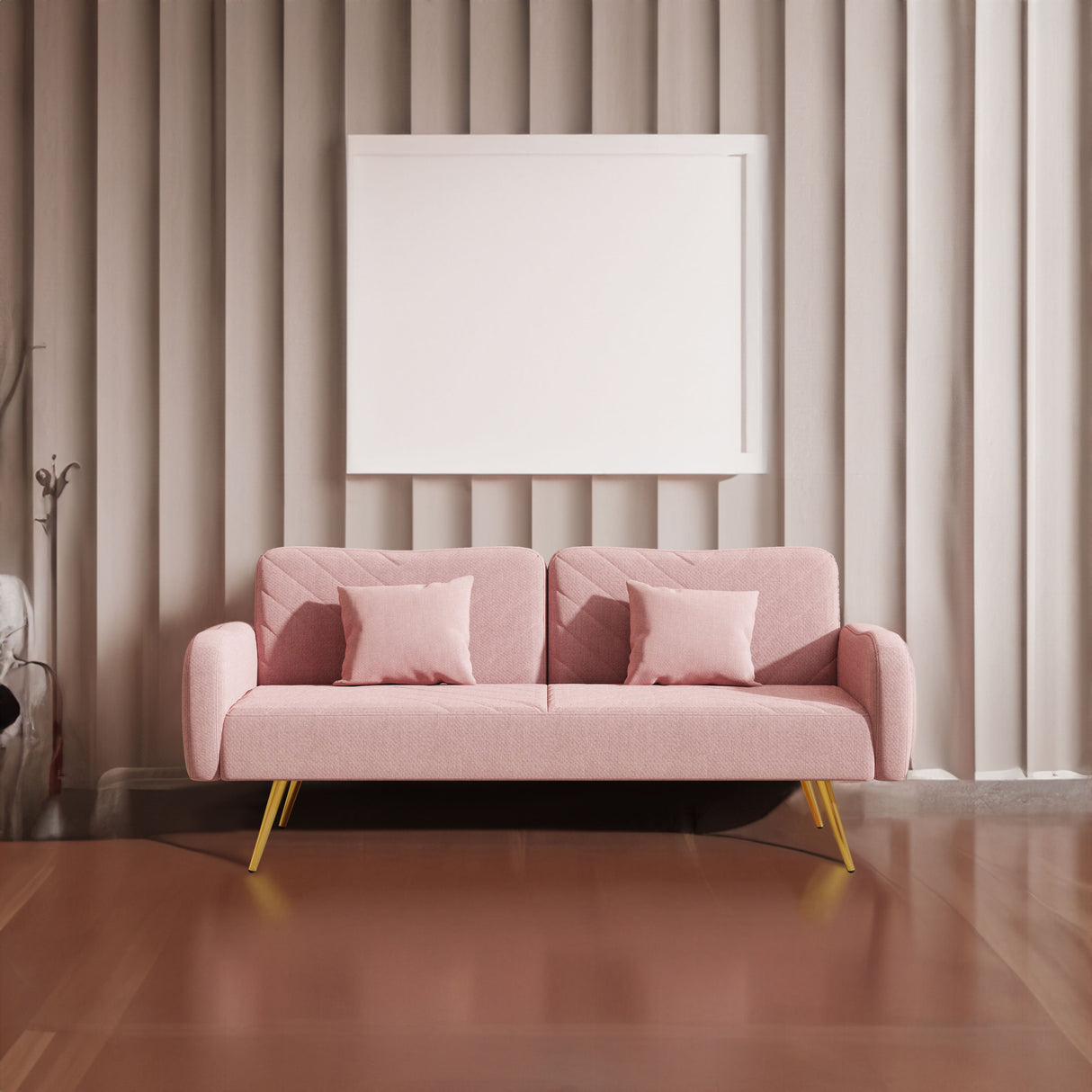 70.47" Pink Fabric Double Sofa with Split Backrest and Two Throw Pillows