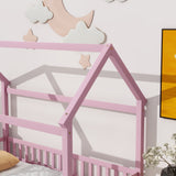 Twin Size Floor Wooden Bed with House Roof Frame, Fence Guardrails,Pink - V.I.P Digital Presence
