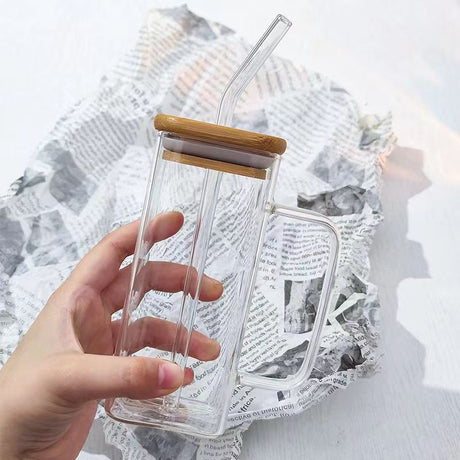 Square colored handle cup glass straw cup with lid milk tea cup with large capacity - V.I.P Digital Presence