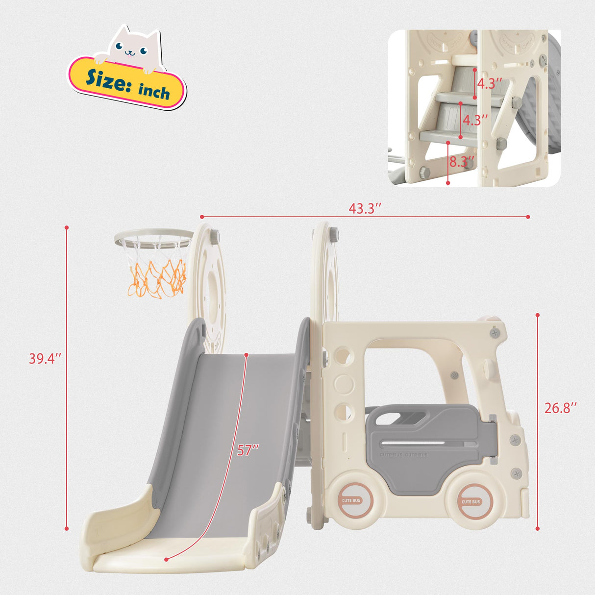 Kids Slide with Bus Play Structure Freestanding Bus Toy with Slide for Toddlers Bus Slide Set with Basketball Hoop