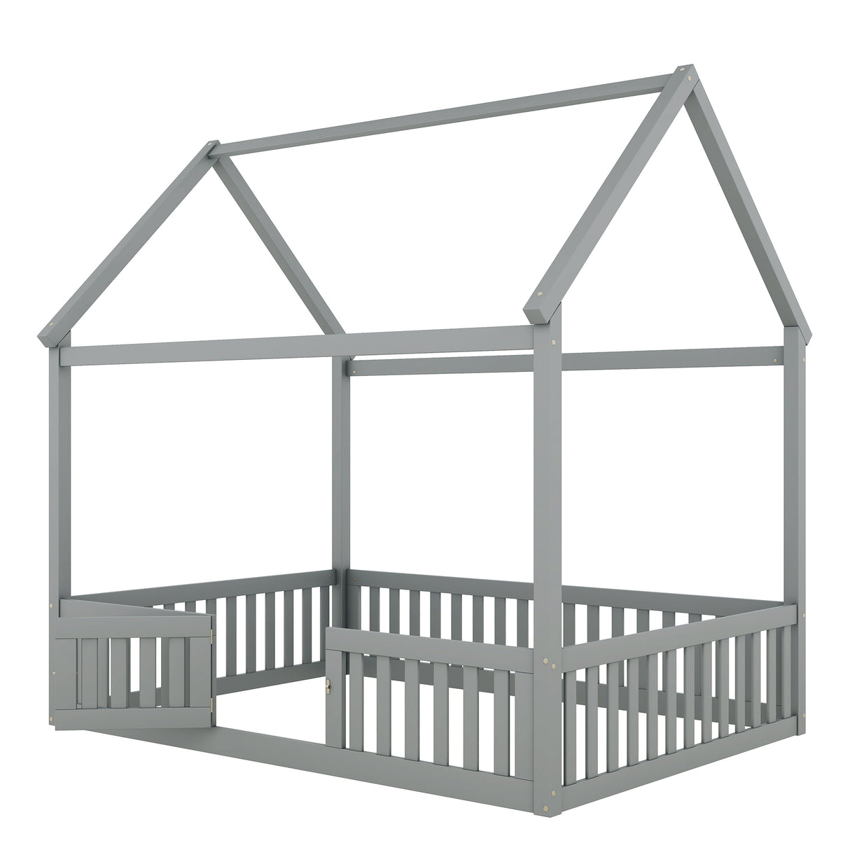 Full Size Wood House Bed with Fence and Door, Gray - V.I.P Digital Presence